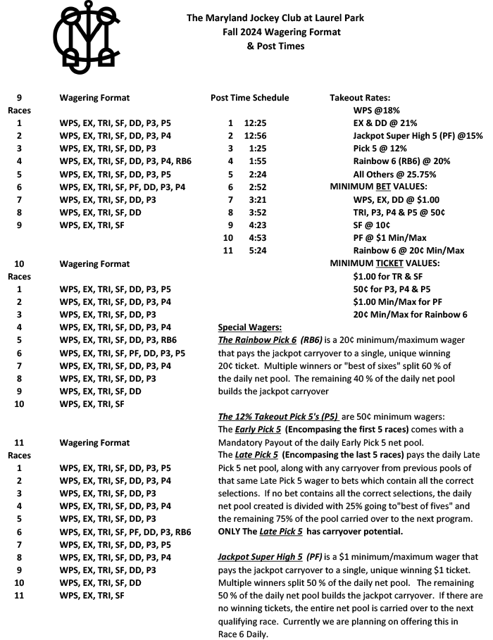 MJC at Laurel Park Fall 2024 Wagering Format & Post Times